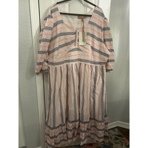 JessaKae Pink Blue Striped Cotton Midi Dress 3/4 Sleeve V-Neck Tiered Hem 5X NEW